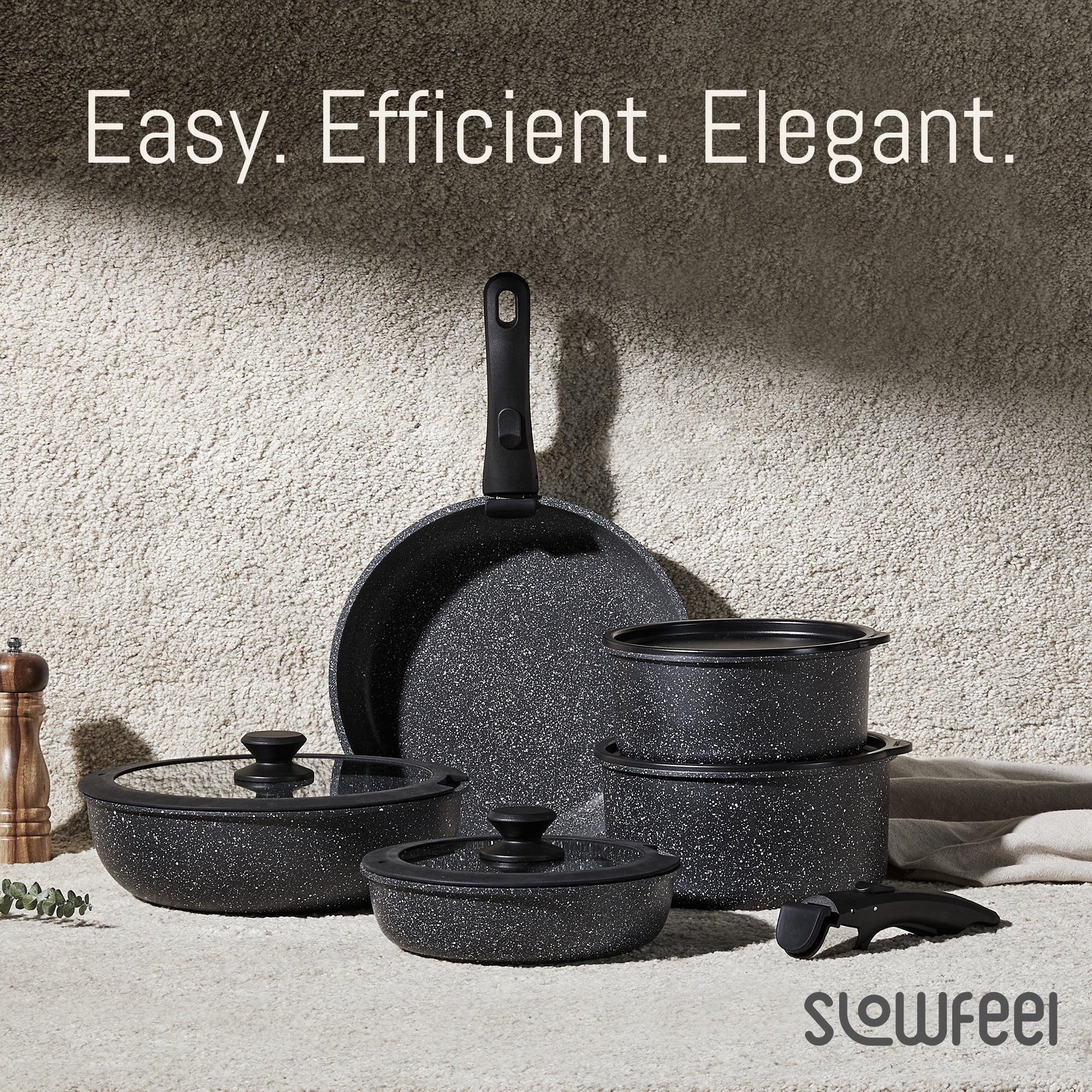 Slowfeel 25-Piece Pots and Pans Set, Nonstick Cookware Set with Detachable Handles, Induction Compatible, Dishwasher Safe, Black