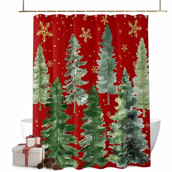 Shower Curtain 36"W x 78"L Winter Christmas Watercolor Pine Trees Red Fabric Shower Curtains Set with Hooks Water Repellent Bathroom Curtains Machine Washable Bathroom Accessories