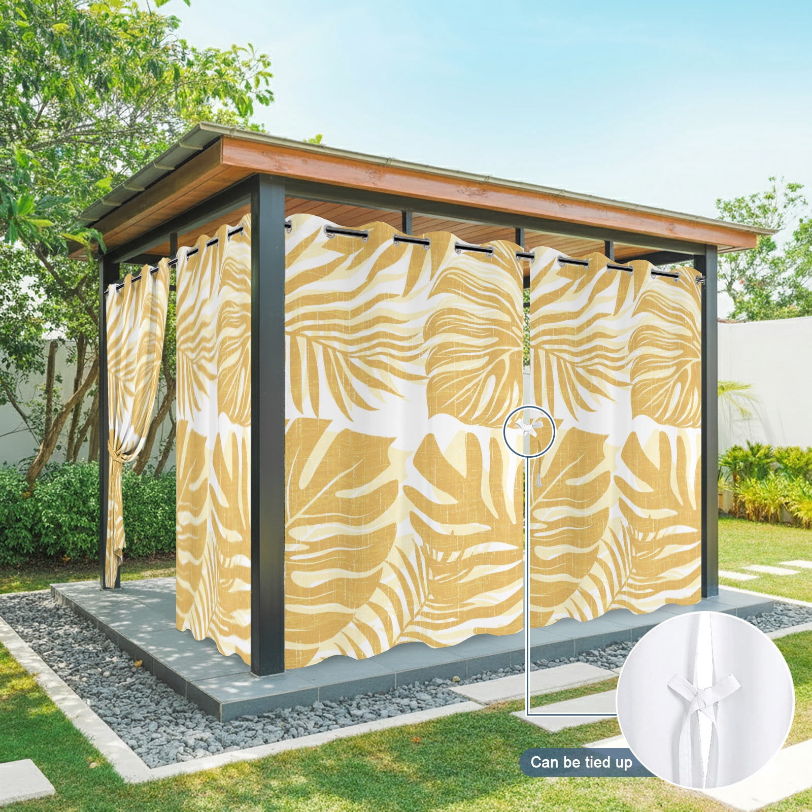 Yellow Palm Leaves Outdoor Curtains for Patio, Tropical Botanical Minimalist Modern Sunshade Privacy Drapes Grommet Waterproof Outside Curtains for Porch/Cabana/Balcony 54"x 108", 1 Panel