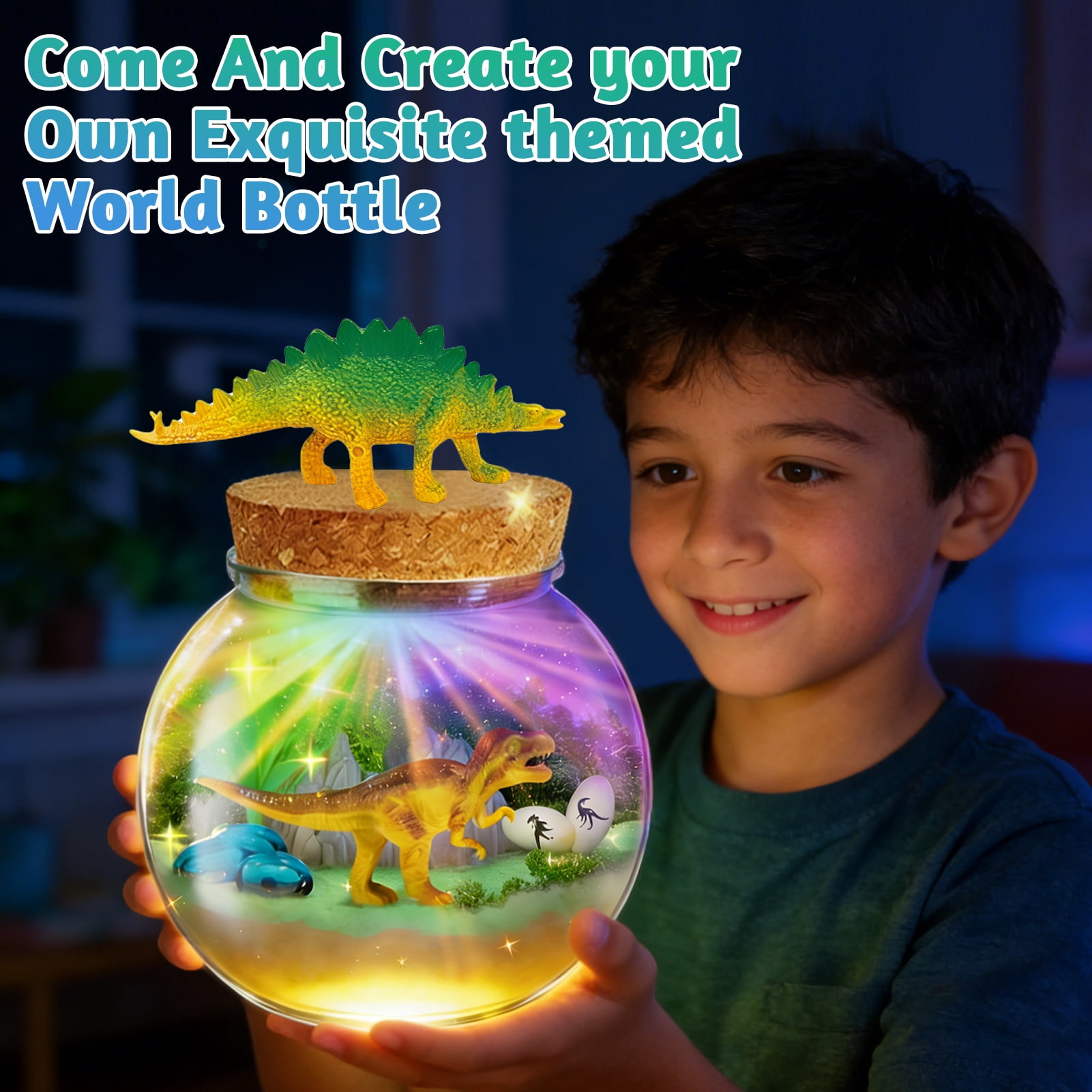 Sunforu Dinosaur Terrarium Kit with 13-Color LED Night Light & Remote, DIY Prehistoric Garden, Creative Craft Toy, Unique Birthday Christmas Gift for Kids Boys Girls Ages 6+