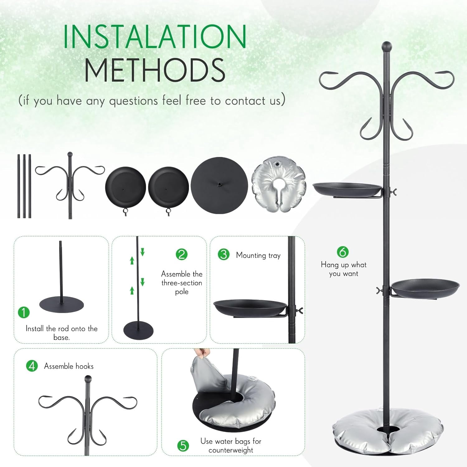1 Set Upgraded 75.9" Shepherds Hook for Bird Feeder, Hanging Plant Wind Chime Stand, Metal Adjustable Standing Pole Holder for Indoor Outdoor, with 2 Rack & Weight Bag (2 Hooks)