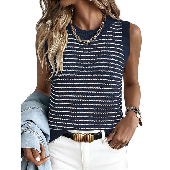 Women's Striped Knit Sweater Vest Crew Neck Sleeveless Side Split Loose Fit Casual Layering Spring Fall Office Daily Tops 2026, M