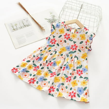 

Lovskoo Toddler Girls Casual Sleeveless Dress Floral Print Ruffles Crewneck Flutter Sleeve Dress for 2-3 Years Multicolor