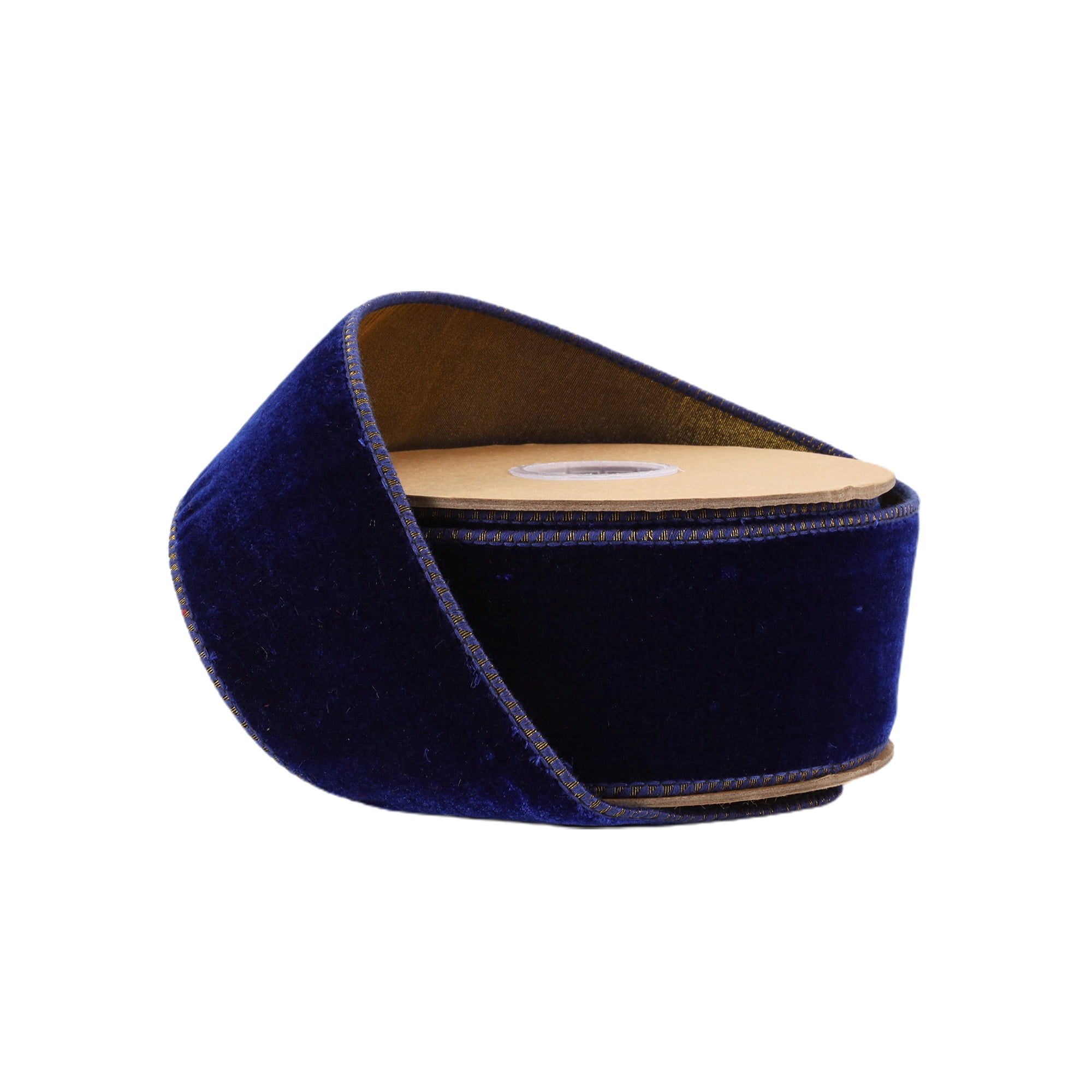 LaRibbons 2 1/2" Wired Premium Velvet Ribbon with Tissue Back, Blue/Gold, 10 Yard Roll