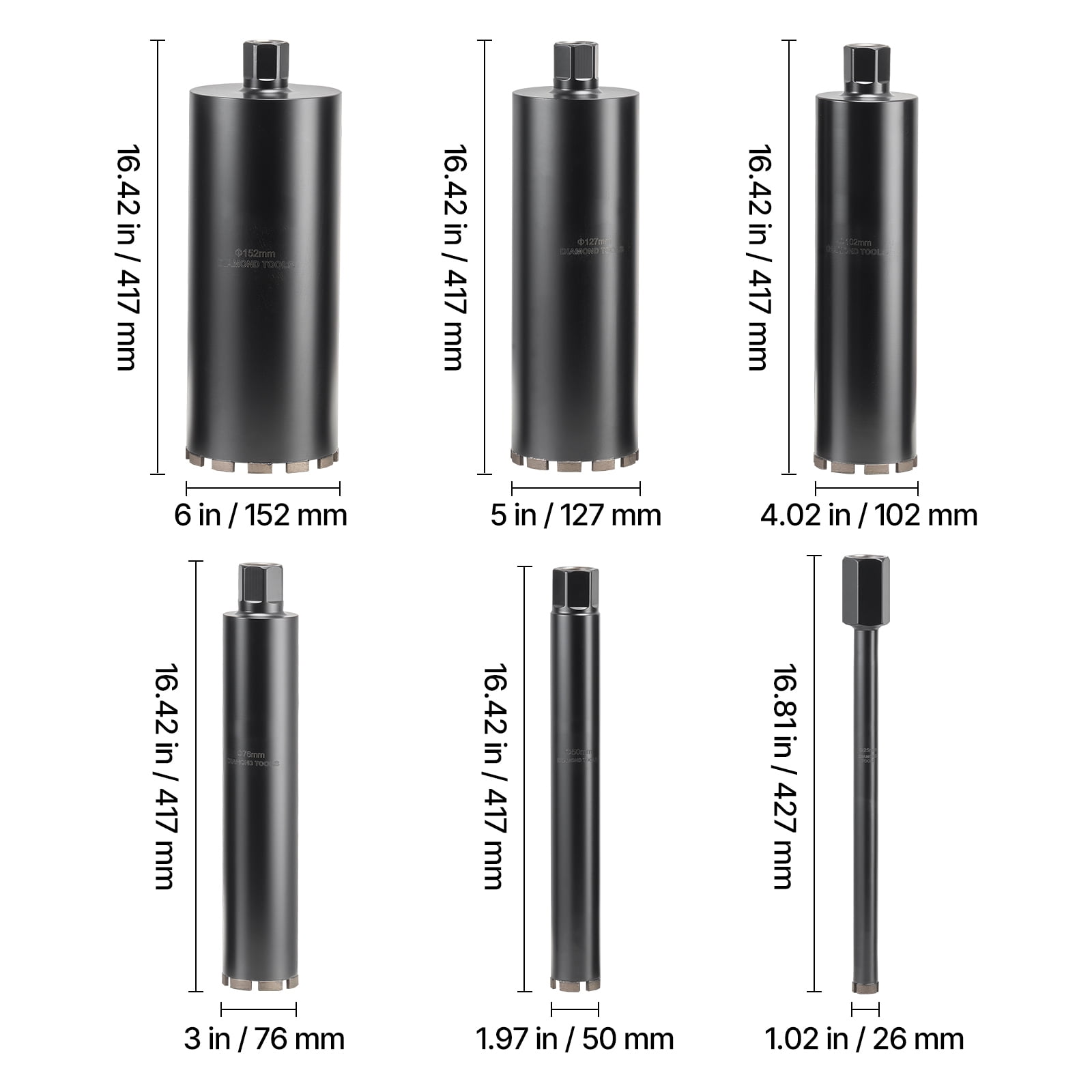 KFFKFF Set of 6 Diamond Core Drill Bits, Diameters: 1/2/3/4/5/6 inches, 14-inch Drilling Depth, 1-1/4 in-7 Internal Thread, Designed for Wet Drilling in Reinforced Concrete, Brick