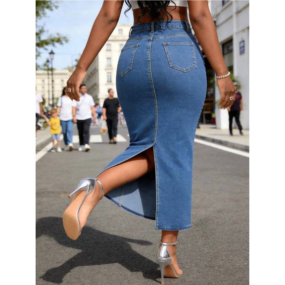 Womens Medium Wash Stretch Mid-Rise Bodycon Denim Maxi Skirt With Side Slit