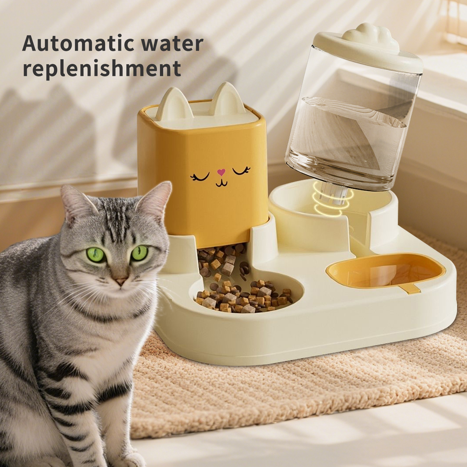 Automatic Cat Feeder and Water Dispenser, 2 in 1 Cat Food Bowl with Self-Refilling Water Bottle, Dry & Wet Separation, Non-Slip Feeding Station, Yellow