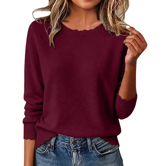 Sahpxhe Oversized Sweaters for Women Long Sleeve Crew Neck Knit Pullover Lightweight Scallop Trim Casual Trendy Fall Sweater Wine XXXL