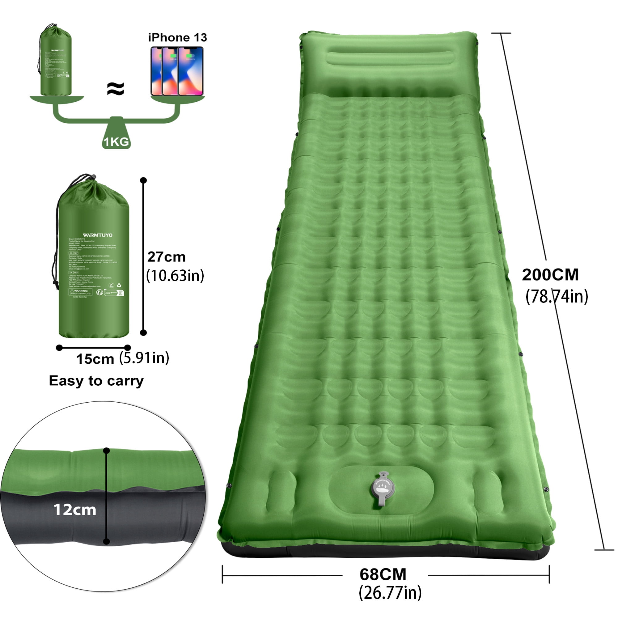 WARMTUYO Sleeping Pad Inflating Built-in Foot Pump, 78.74x26.77x4.72in Thickened Camping Mats with Pillow, Waterproof Camping Mattress for Outdoor Hiking Camping Traveling Cot - Green