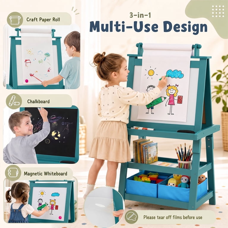 Costway 3-in-1 Double-Sided Wooden Kids Art Easel, Blue photo 5