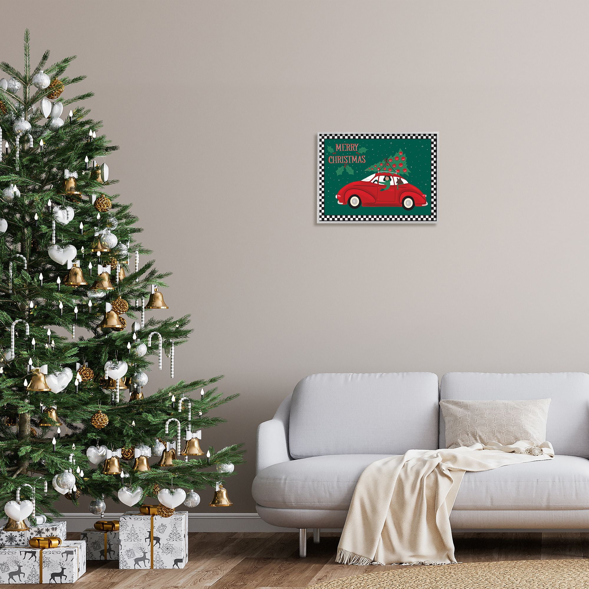 Stupell Indtries Merry Christmas Greeting Woman Sports Car Christmas Tree,20 x 16,Design by Darlene Seale