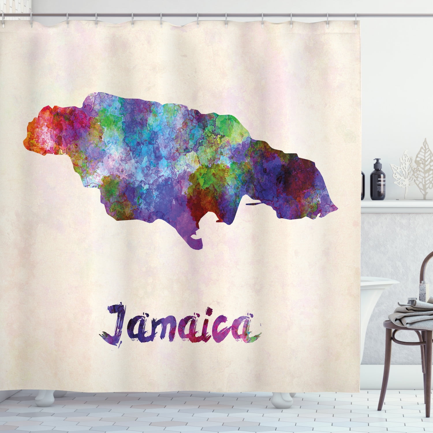 Jamaican Shower Curtain, Abstract Watercolor Map of Jamaica Psychedelic Inspirations Country