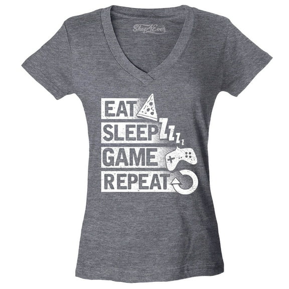 Shop4Ever Women's Eat Sleep Game Repeat Slim Fit V-Neck T-Shirt Medium Heather Charcoal
