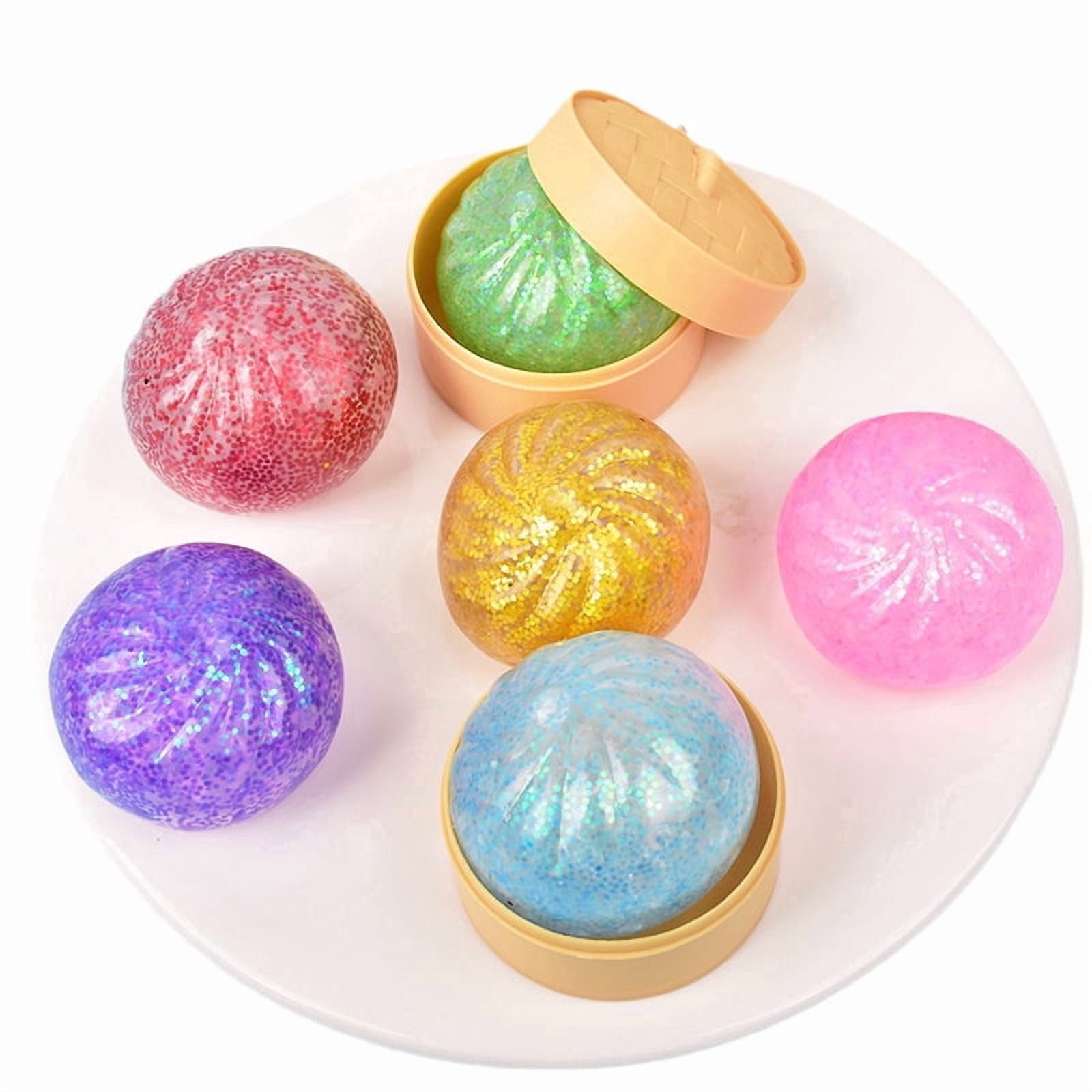 Lifemode Glitter Dumpling Squeeze Toy, TPR Stress Relief Ball With Steamer Basket, 5.3x4.5cm, Random Color