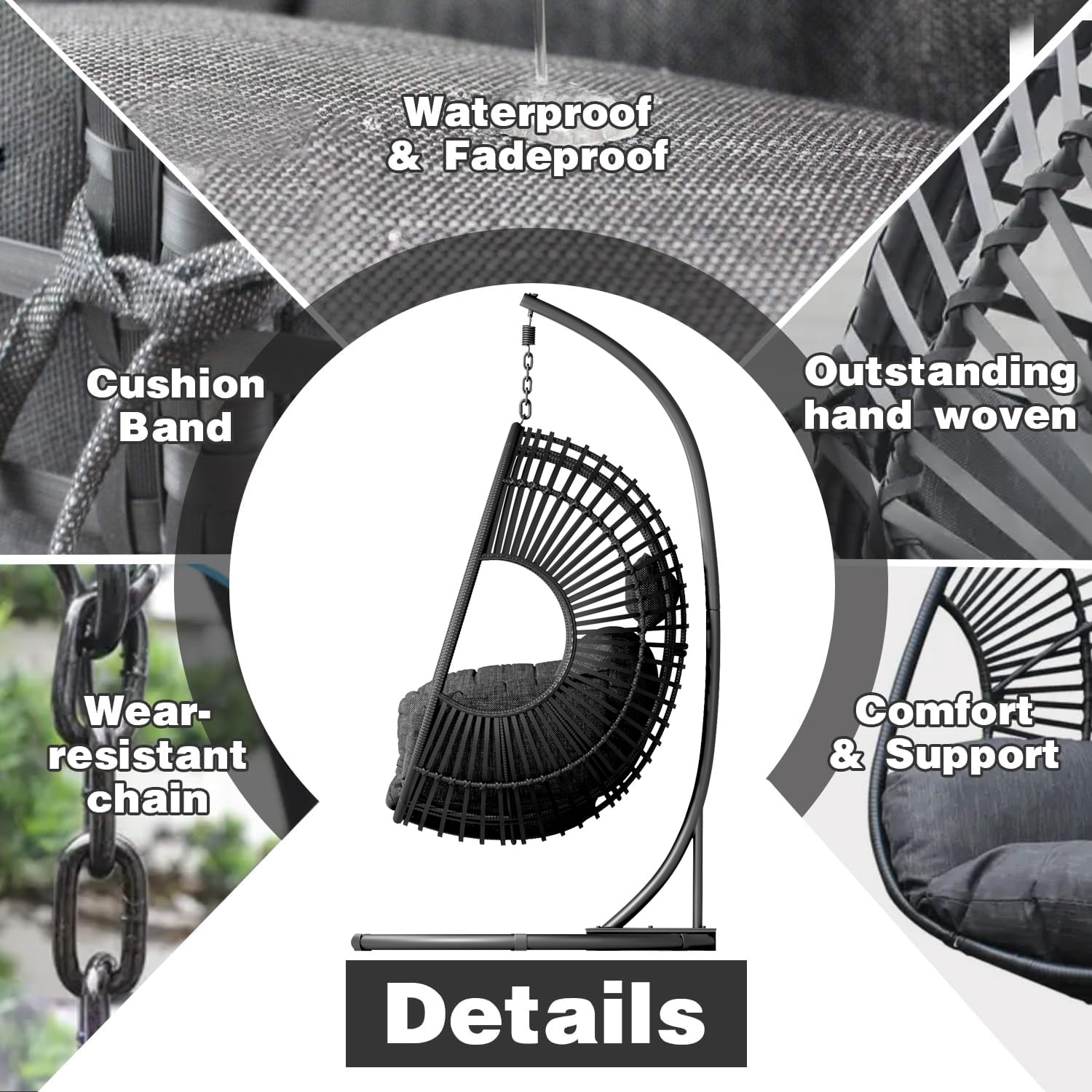 CHINNLUU Oversized Hanging Egg Chair with Stand, Outdoor Indoor Wicker Swing Chair with UV-Resistant Cushions and Rain Cover, 400lbs Capacity Patio Hammock Chair for Backyard, Balcony, Black