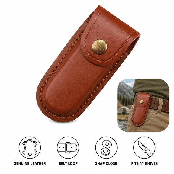 Leather Pocket Knife, Sheath Folding Knife Holster with Belt Loop & Snap Closure Fits 4" Closed Knives for Outdoor Camping