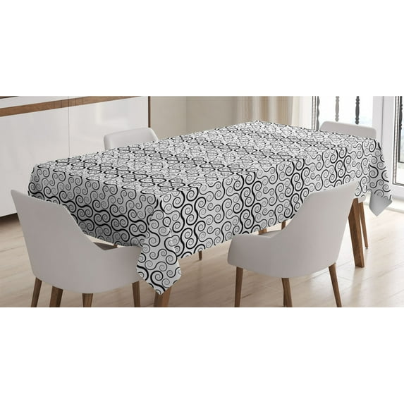Abstract Art Tablecloth, Swirly Geometric Minimalist Tones Curly Tiles Classic Retro Design, Rectangle Satin Table Cover for Dining Room and Kitchen, 52" X 70", Charcoal Grey White, by Ambesonne