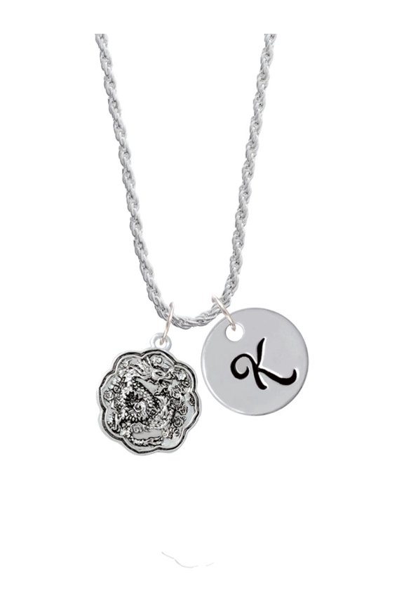 Silvertone Dragon and Phoenix Medallion Silvertone Script Initial Disc - K - Charm Necklace, 20"+3"