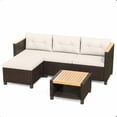 thumbnail image 6 of KIOOTTO 3-Piece L-Shaped Outdoor Sectional Sofa Set, PE Wicker Patio Furniture with Acacia Wood Storage Coffee Table & Beige Cushions, Corner Couch for Balcony & Deck, 6 of 6