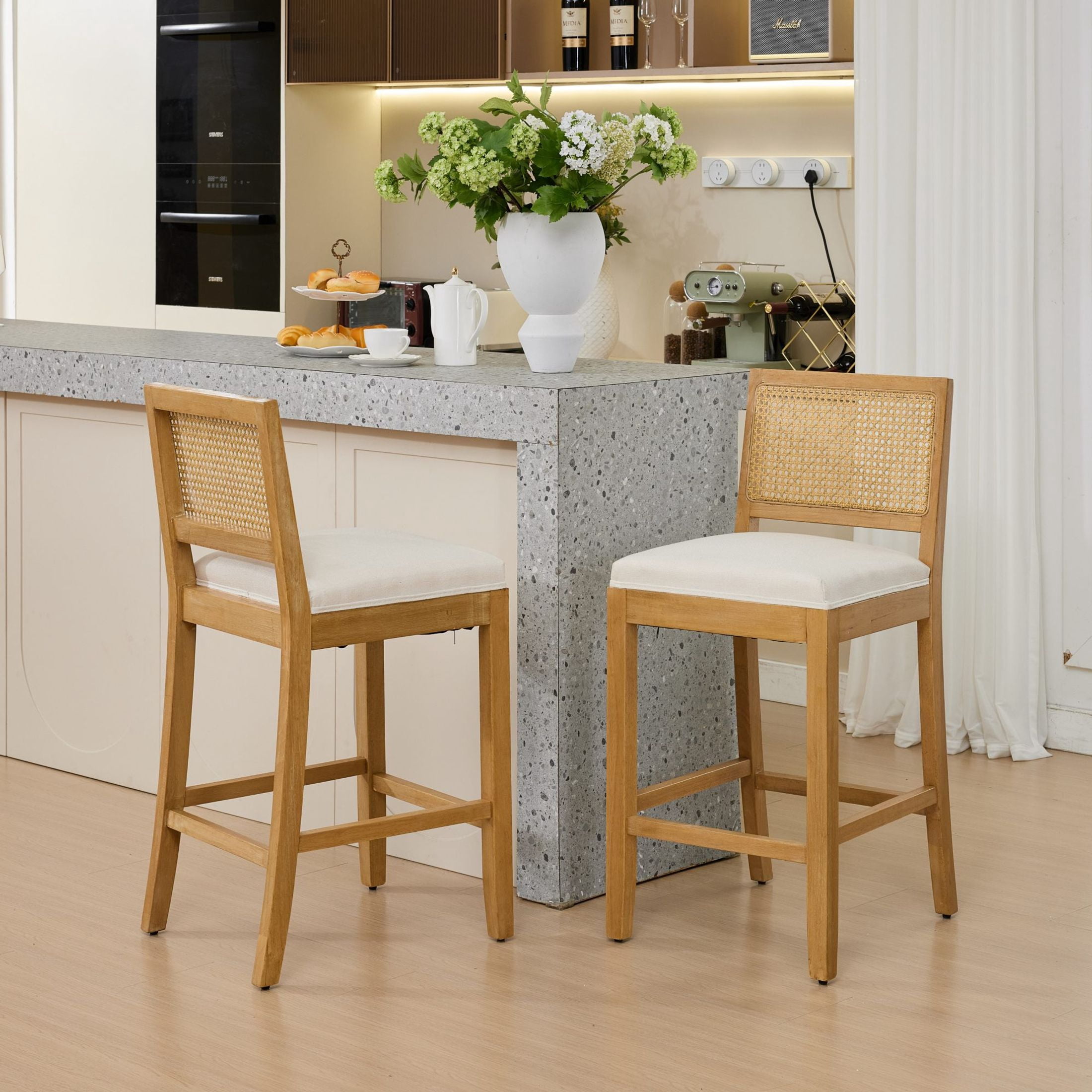 Noble House Set of 2 Rattan-Back Bar Stools, Linen Cushion, Solid Wood Frame, Beige