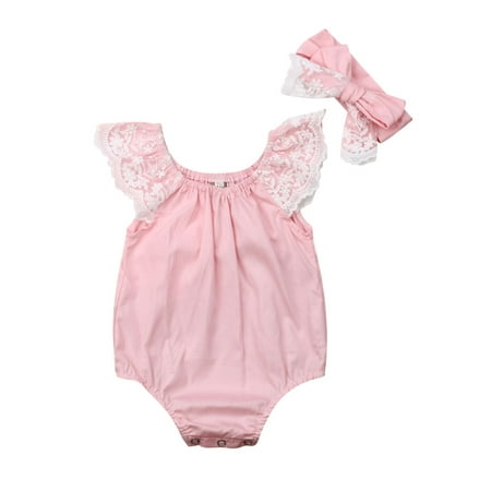 

Canrulo Infant Newborn Baby Girls Summer Romper Ruffle Lace Sleeve Bodysuit with Headband Clothes Pink 0-6 Months