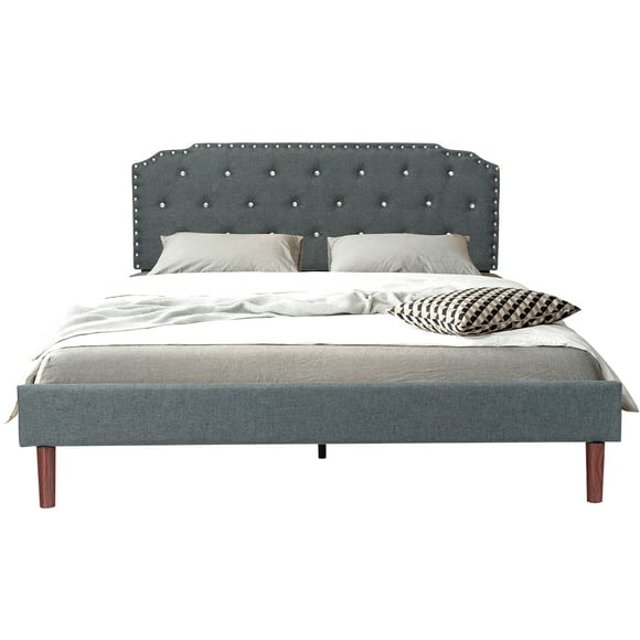 Costway Full Upholstered Bed Frame Adjustable Diamond Button Headboard Easy Assembly