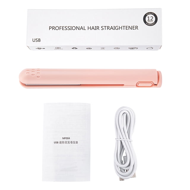 Mini plancha de pelo 2 en 1 USB de cerámica con calor, alisadora y rizadora, color rosa