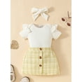 thumbnail image 4 of Aojekbee Baby Girls Summer Outfit Ribbed Short Sleeves Rompers and Plaid Buttons Skirt Headband 3 Piece Clothes Set, 4 of 10
