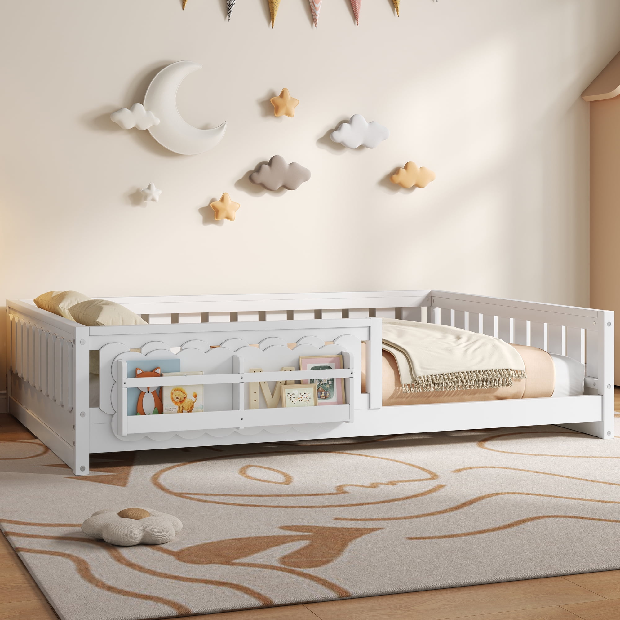 Euroco Wood Full Size Platform Bed with Shelves, Floor Bed with Guardrails, White