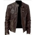 thumbnail image 3 of Chaqueta de cuero PU decorativa con bolsillo y cremallera cálida para caballero de invierno, chaqueta de cuero delgada con cuello alto, 3 of 5