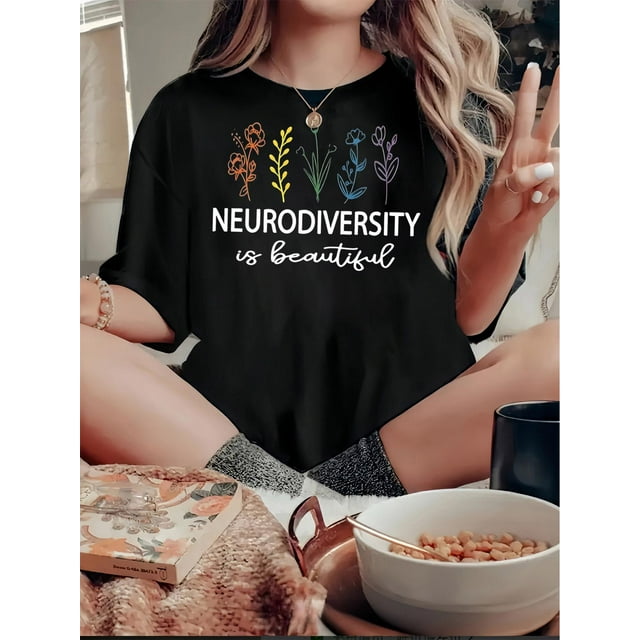 T-Shirt à Imprimé Floral et Lettres pour Femmes - Col Rond Décontracté, Manches Courtes pour Printemps et Été - Mélange Polyester Confortable, Lavable en Machine