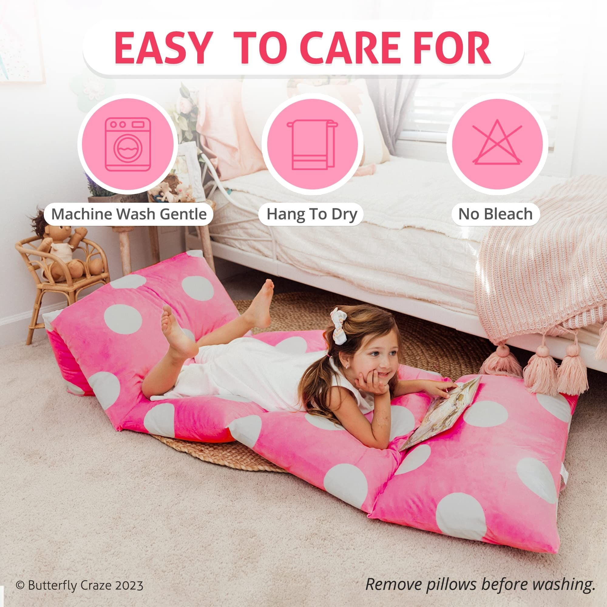 Butterfly Craze Hot Pink Polka Dot Floor Pillow Bed Lounger Cover for Kids