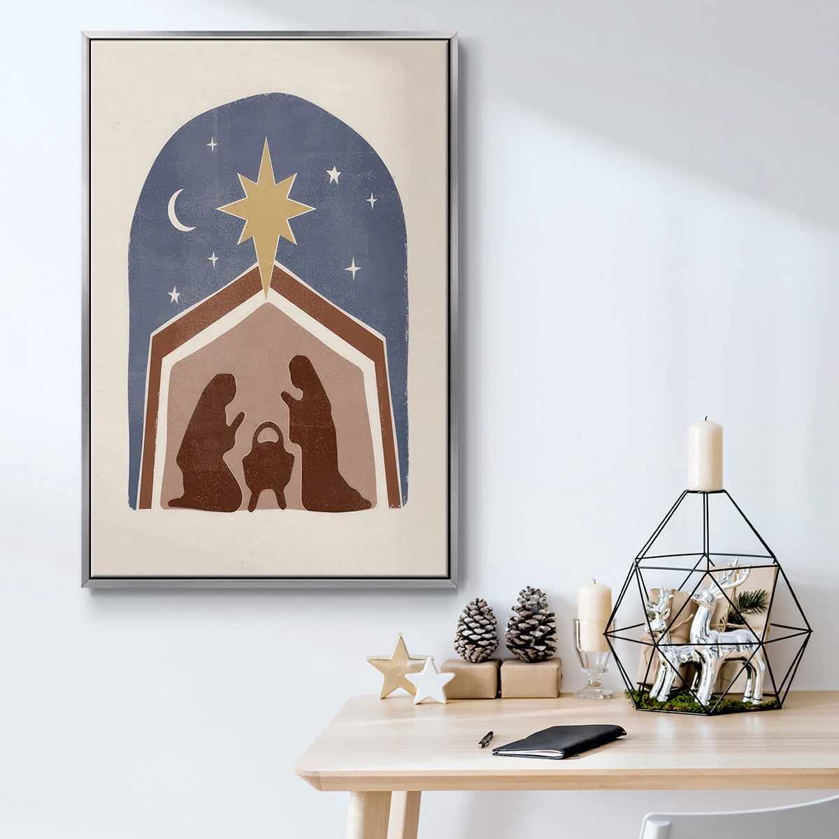 Boho Nativity I - Framed Gallery Wrapped Holiday Canvas - 27 x 41 - Silver Frame