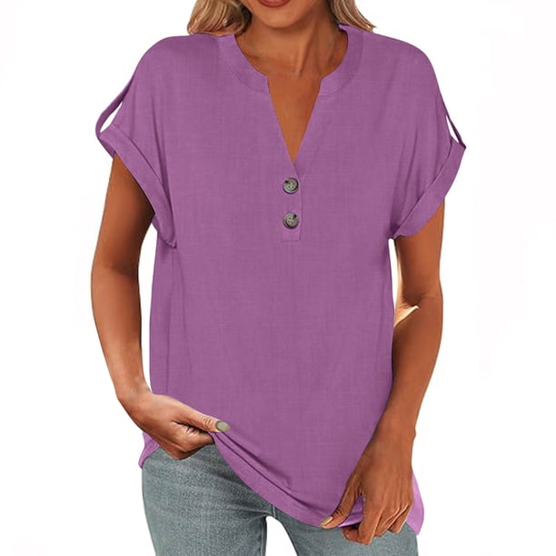 Blusas para las Mujeres Casual Verano Botón Sólido Camisa V-Cuello Blusa Suelta, Camiseta de Lino de Algodón para Acampar Al Aire Libre Y Uso Diario, Estilo Vintage