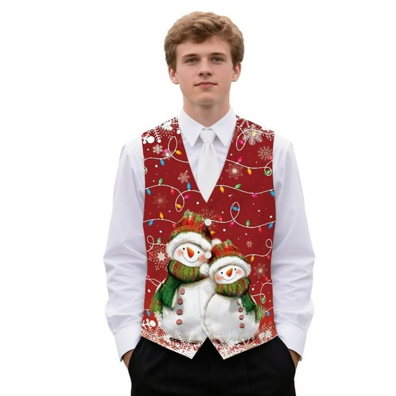 Yuyamidu Snowman Men's V-Neck Suit Vests Size 2XL Colorful Lights Formal Slim Fit Business Dress Vest Waistcoat with 3 Pockets for Suit or Tuxedo, Red Christmas