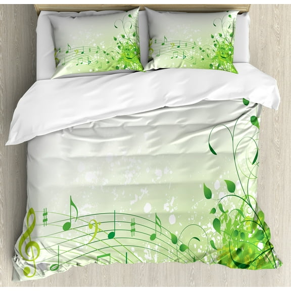 Music Duvet Cover Set, Pattern of Curlicue Leaves Treble Chef Abstract Gradient Theme Motifs, Decorative 3 Piece Bedding Set with 2 Pillow Shams, Queen Size, White Green Pastel Green, by Ambesonne