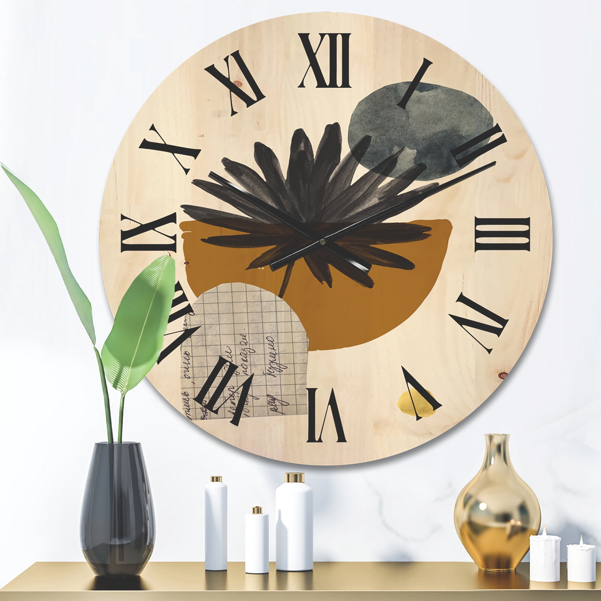 Designart 'Abstract Geometry Shapes and Tropical Palm Leaf I' Modern Wood Wall Clock
