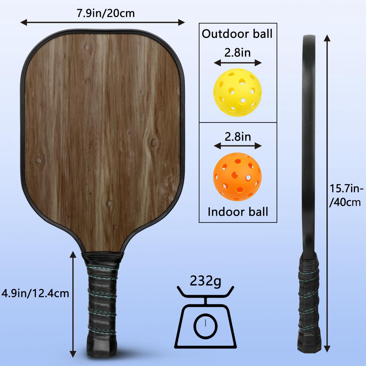 Pickleball Paddles Set Of 1, Fiberglass Surface, Wood Grain Print, 1 Paddle, 2 Balls & Bag