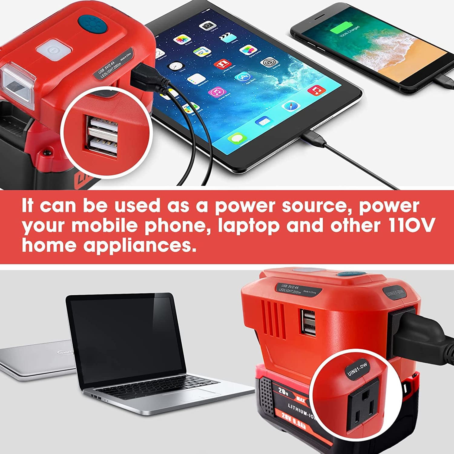 150W Inverter Generator for Carftsman 20V V20 Battery Converter,Portable Power station with AC Outlet&2-USB &LED Light,Portable Power Source,USB Charger Adapter,Camping Inverter