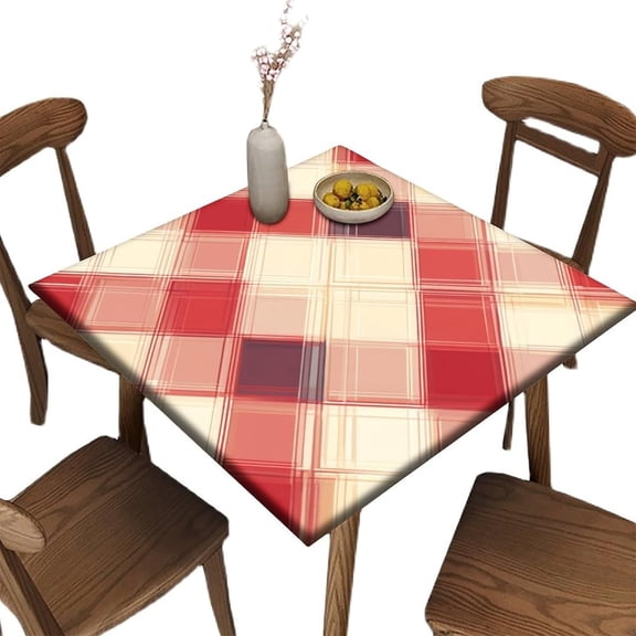 Elastic Square Patio Table Cloth, Bold Red Plaid Pattern Printed on Polyester Outdoor Table Covers, Great for Cafes & Offices, Fit for 36" x 36" Square Tables