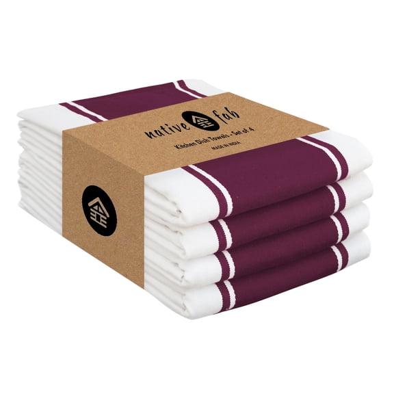 Native Fab Kitchen Towels 18x28 Inch, Set of 4, Wide Stripe, Super Absorbent, Quick Dry, Soft, 100% Cotton Dish Towels for Wiping Hands, Drying Dishes, Cleaning Dishcloths Set - Burgundy (Maroon)