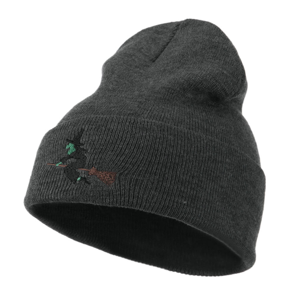 New Custom Designed Black Slouchy Beanie with Flying Witch on Broomstick. Halloween Witch Flying on a Broom Stick Embroidered Long  main image 4