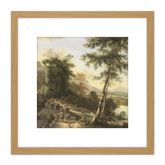 Hackaert Landscape With Cattle Drivers 8X8 Inch Square Wooden Framed Wall Art Print Picture with Mount