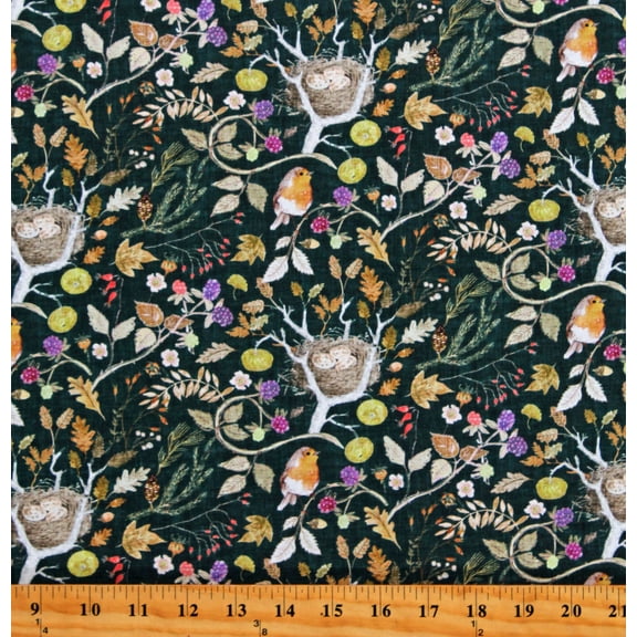 Cotton Birds Nests Eggs Trees Branches Leaves Forest Woods Woodland Fall Autumnity Dark Teal Cotton Fabric Print by the Yard (Y3862-105DARKTEAL)