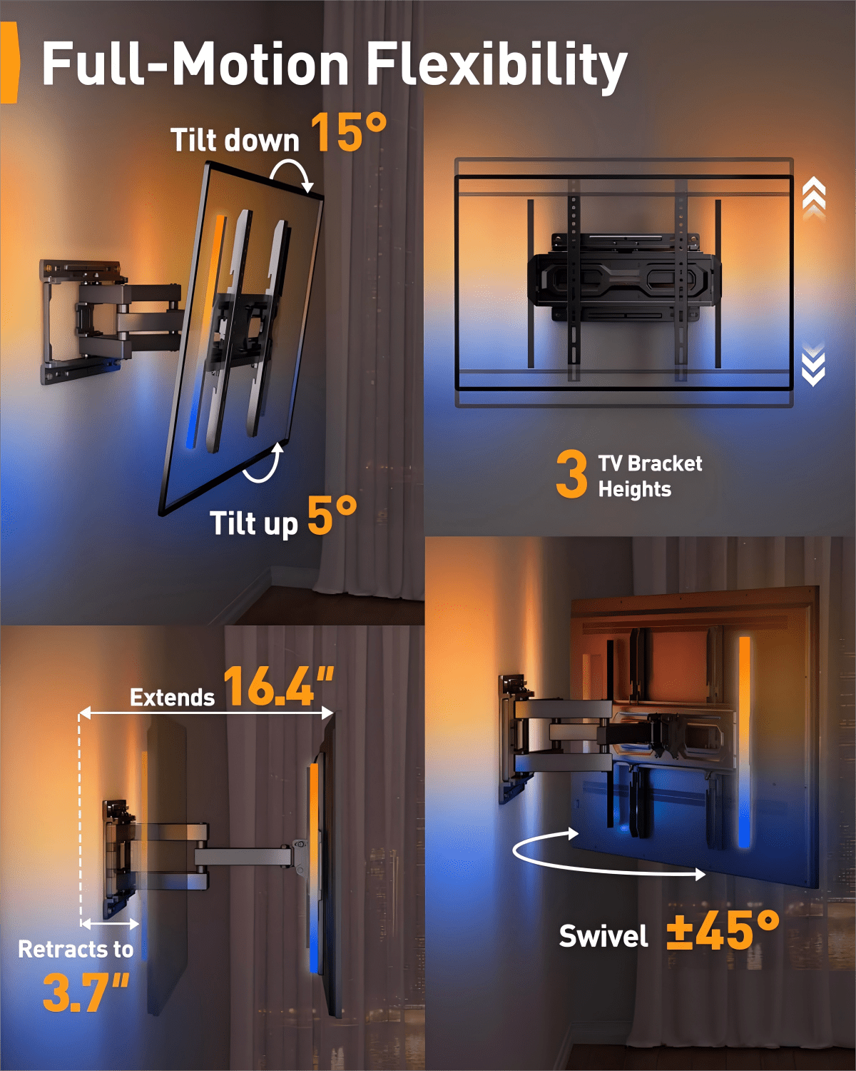 Pre-Assembled TV Wall Mount with LED Lights for 26-65 inch TVs up to 99 lbs
