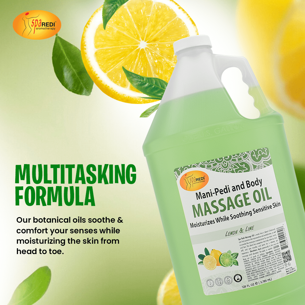 SPA REDI - Massage Oil, Lemon and Lime, 128 Oz - Professional Pedicure, Manicure, Full Body Massage Therapy, with Almond Oil, Cotton Seed Oil, Sunflower Oil, Avocado Oil, Essential Oils, Vitamin E