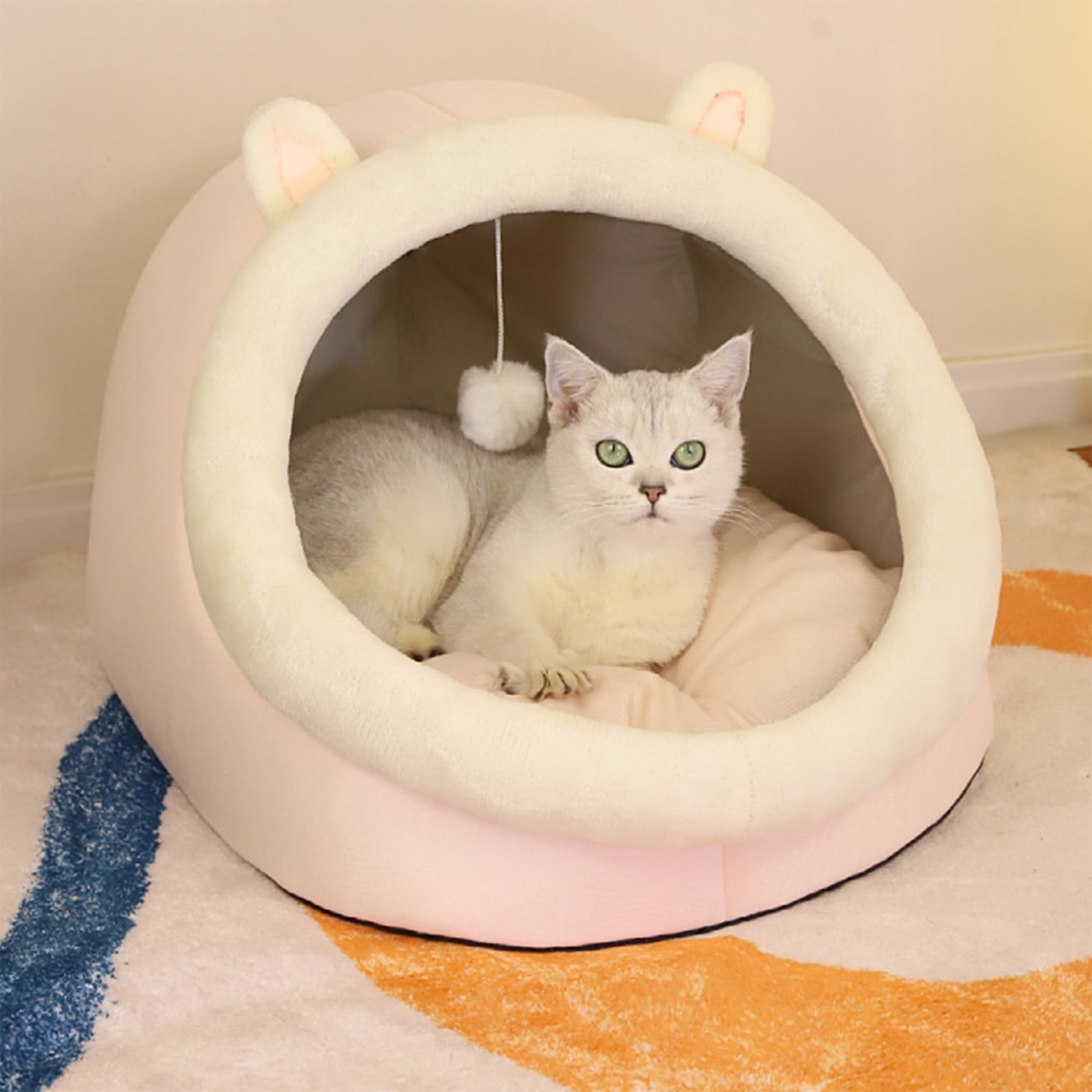 AUHomi Cute Cat Bed for Indoor Cats, Semi-Enclosed Soft Half-Covered Cat Bed, Thickening and Warm in Winter, Warm Soft Cave Fit for Cat Up to 16 Lb and Puppy, Pink