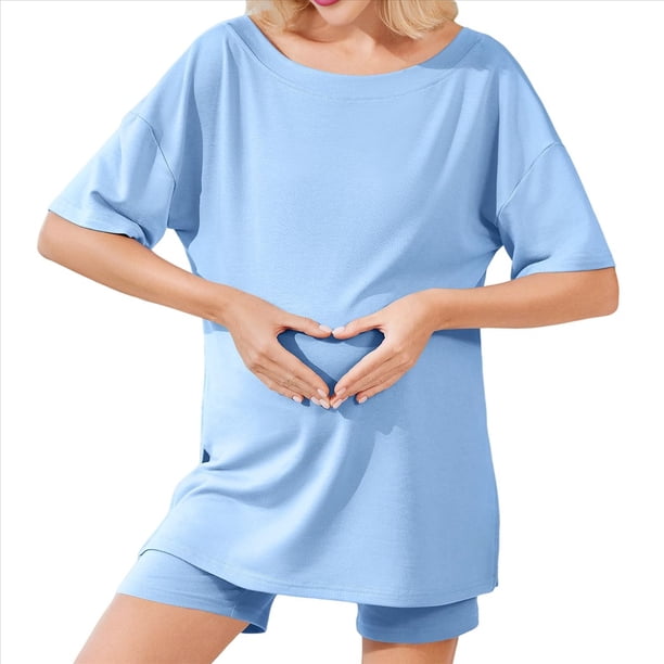 Conjunto de Dos Piezas para Mujer, Ropa de Verano 2025, Camisetas Extragrandes con Cuello en V, Pantalones Cortos Estilo Motero, Ropa de Estar Cómoda Azul S