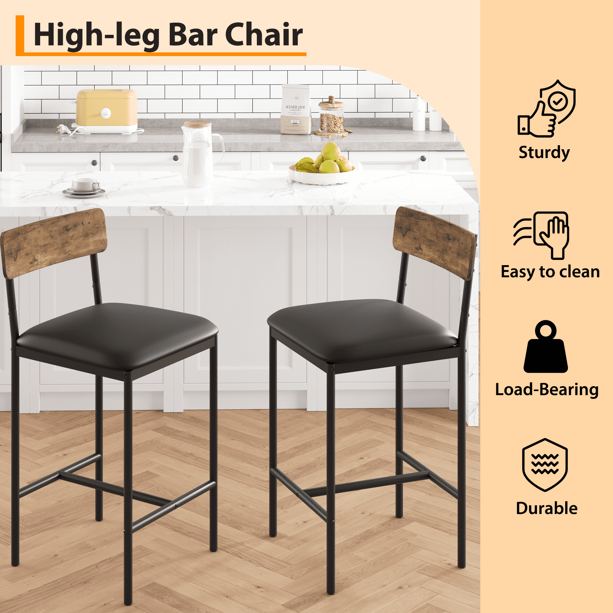 COZONY Set of 2/4 Bar Stools, Counter Height with Back & Upholstered Seat, Footrest for Kitchen Island, Bars