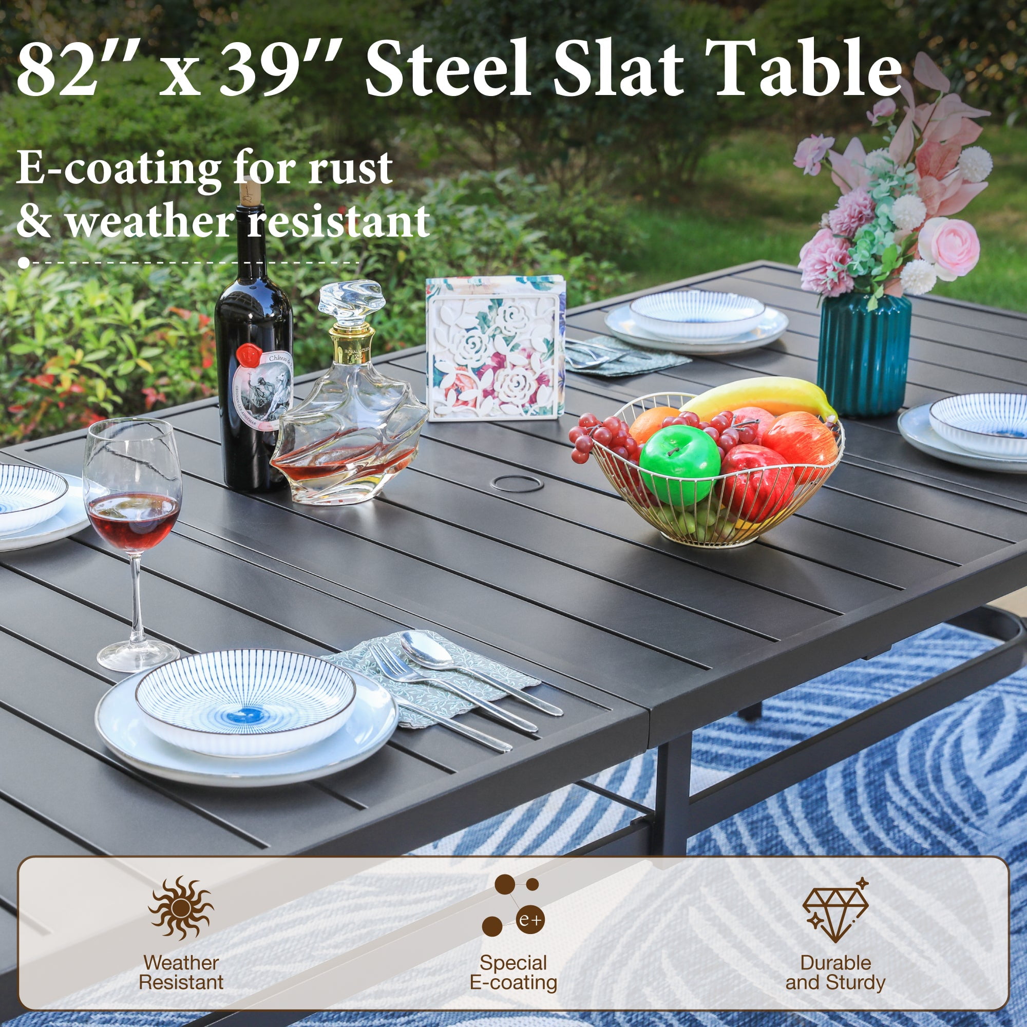9-Piece Outdoor Patio Dining Set with Metal Steel Rectangular Table with Umbrella Hole & Textilene Chairs for 8-Person, Black & Gray-brown